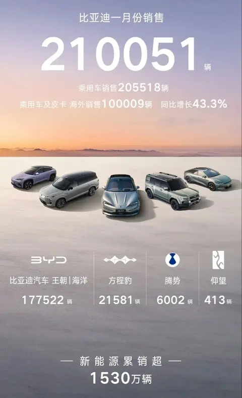 多家车企发布1月份销售数据，比亚迪同比下跌3成，吉利登顶